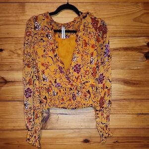 Anthropologie Mustard Floral Ruffle Blouse SZ XS